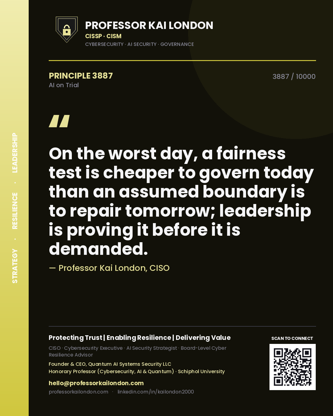 Quote card by Professor Kai London reading 'On the worst day, a fairness test is cheaper to govern today than an assumed boundary is to repair tomorrow; leadership is proving it before it is demanded.'. From the book AI on Trial.