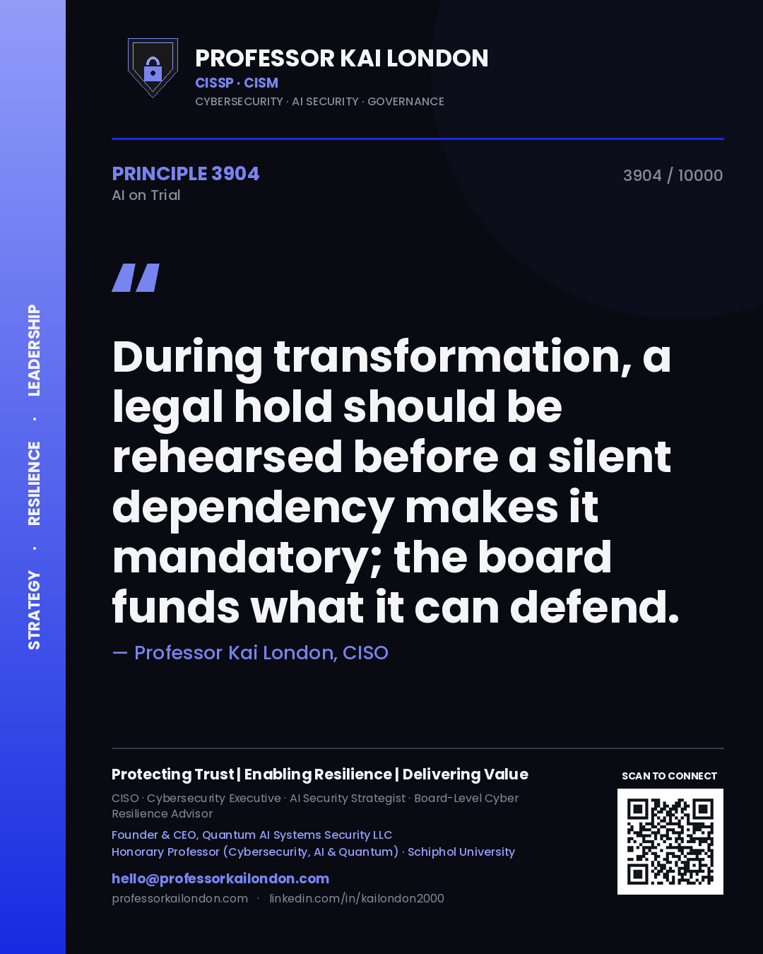 Quote card by Professor Kai London reading 'During transformation, a legal hold should be rehearsed before a silent dependency makes it mandatory; the board funds what it can defend.'. From the book AI on Trial.