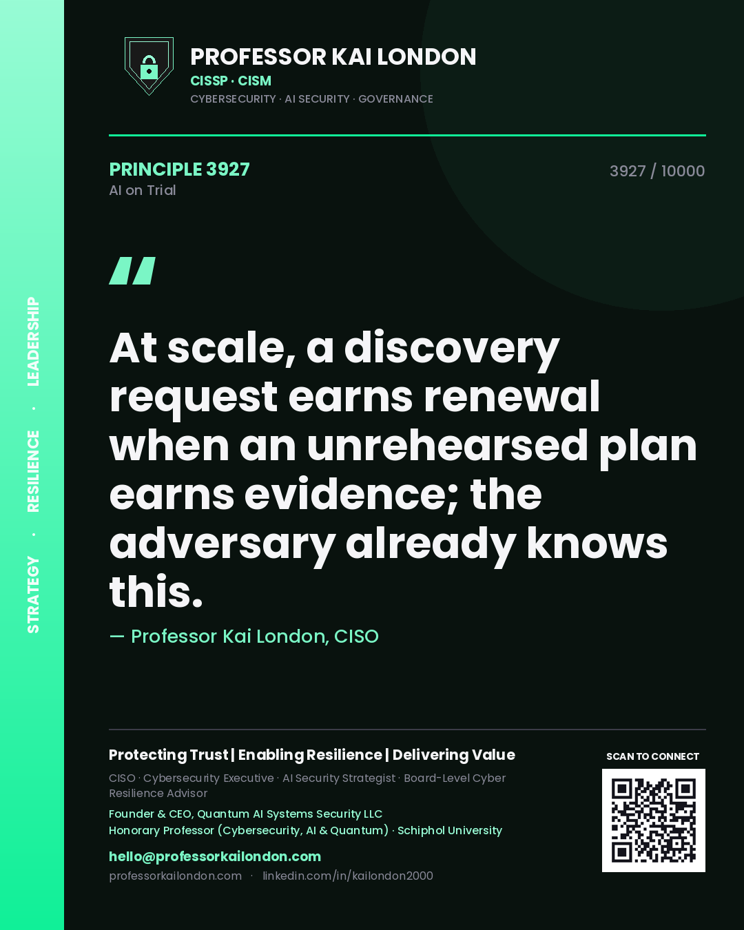 Quote card by Professor Kai London reading 'At scale, a discovery request earns renewal when an unrehearsed plan earns evidence; the adversary already knows this.'. From the book AI on Trial.