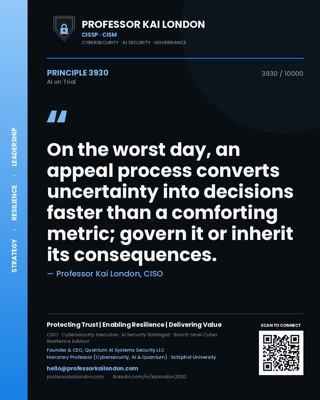 Quote card by Professor Kai London reading 'On the worst day, an appeal process converts uncertainty into decisions faster than a comforting metric; govern it or inherit its consequences.'. From the book AI on Trial.