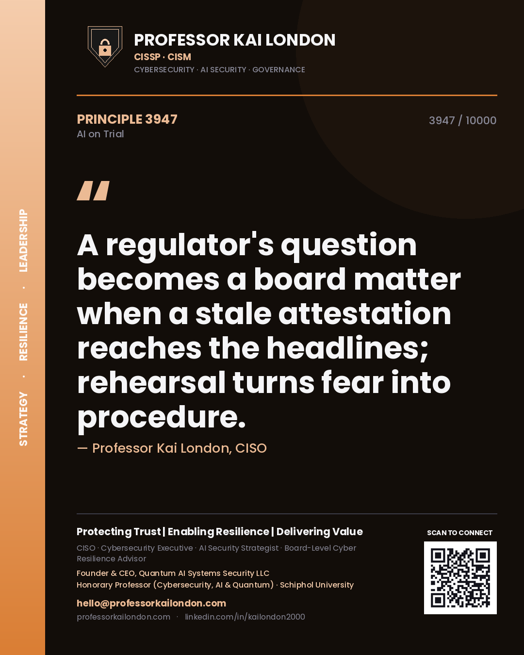 Quote card by Professor Kai London reading 'A regulator's question becomes a board matter when a stale attestation reaches the headlines; rehearsal turns fear into procedure.'. From the book AI on Trial.