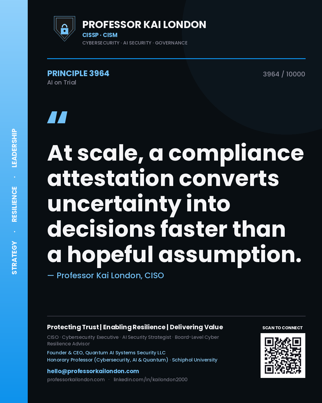 Quote card by Professor Kai London reading 'At scale, a compliance attestation converts uncertainty into decisions faster than a hopeful assumption.'. From the book AI on Trial.