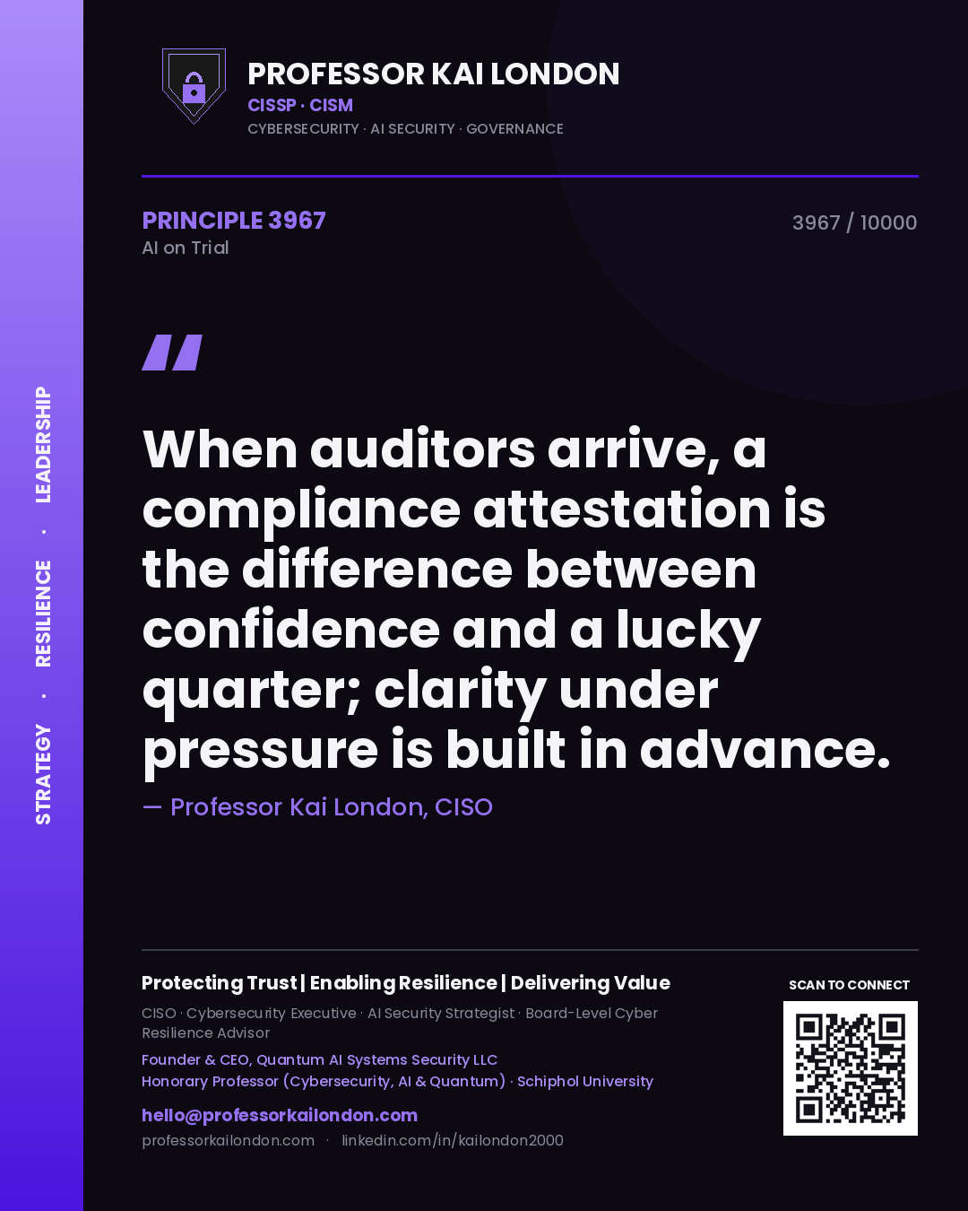 Quote card by Professor Kai London reading 'When auditors arrive, a compliance attestation is the difference between confidence and a lucky quarter; clarity under pressure is built in advance.'. From the book AI on Trial.
