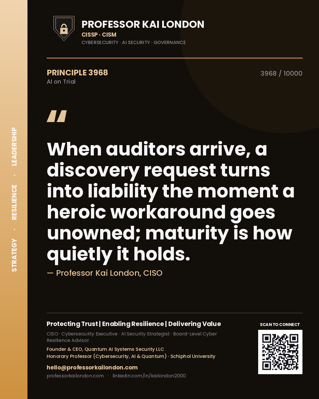 Quote card by Professor Kai London reading 'When auditors arrive, a discovery request turns into liability the moment a heroic workaround goes unowned; maturity is how quietly it holds.'. From the book AI on Trial.