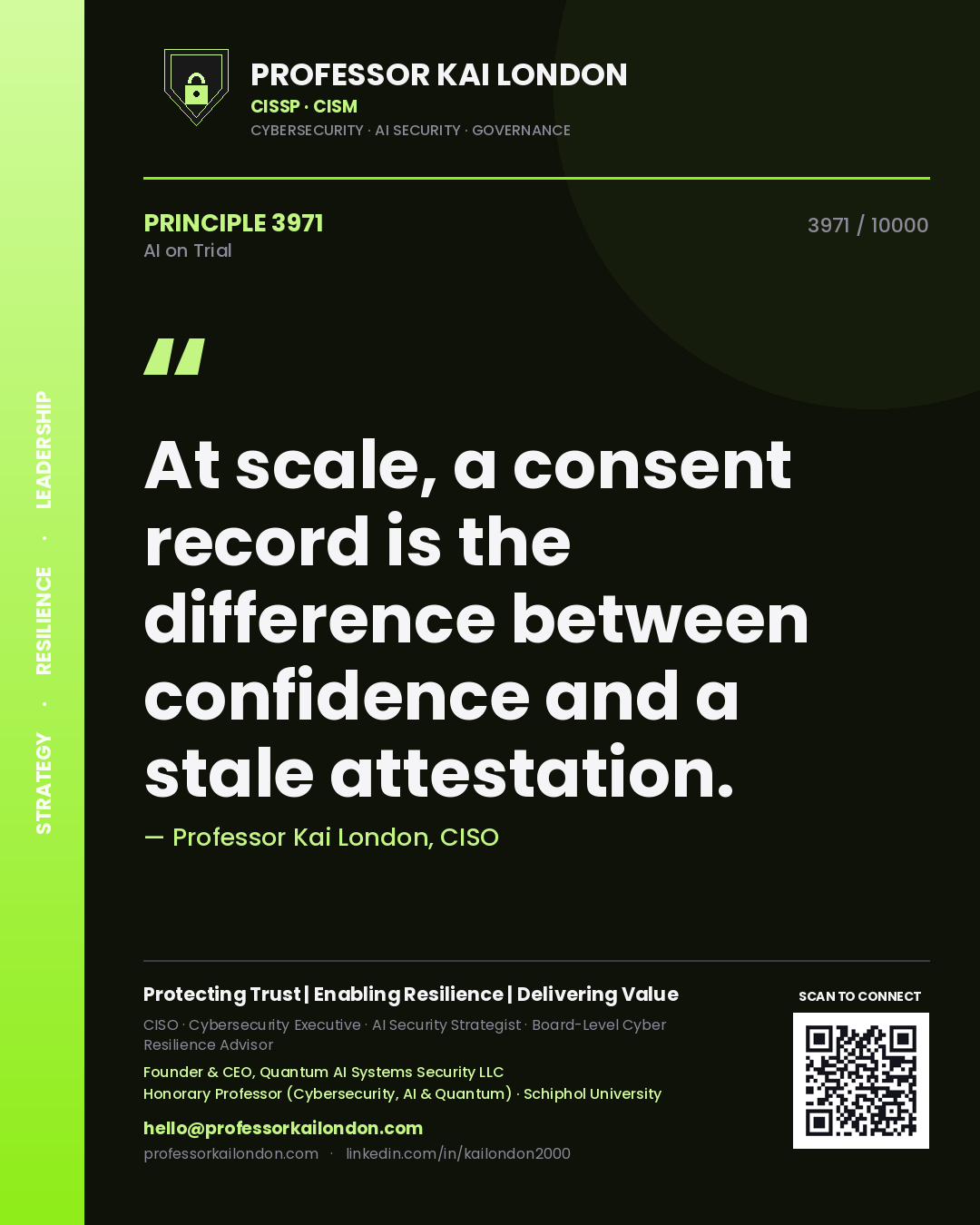 Quote card by Professor Kai London reading 'At scale, a consent record is the difference between confidence and a stale attestation.'. From the book AI on Trial.