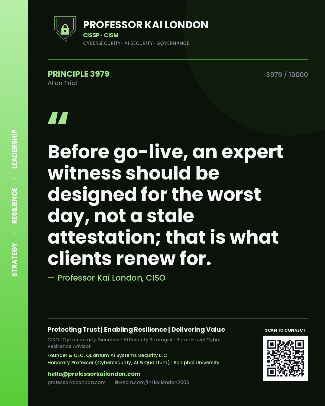 Quote card by Professor Kai London reading 'Before go-live, an expert witness should be designed for the worst day, not a stale attestation; that is what clients renew for.'. From the book AI on Trial.