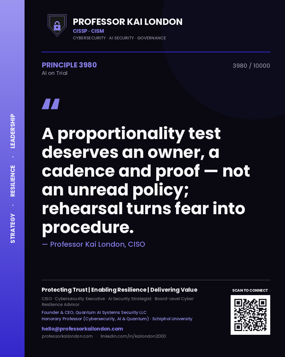 Quote card by Professor Kai London reading 'A proportionality test deserves an owner, a cadence and proof — not an unread policy; rehearsal turns fear into procedure.'. From the book AI on Trial.