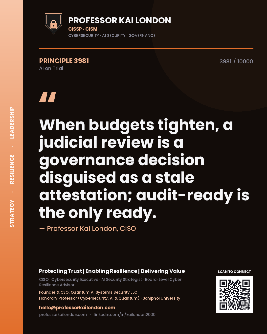 Professor Kai London principle 3981: When budgets tighten, a judicial review is a governance decision disguised as a stale attestation; audit-ready is the only ready.