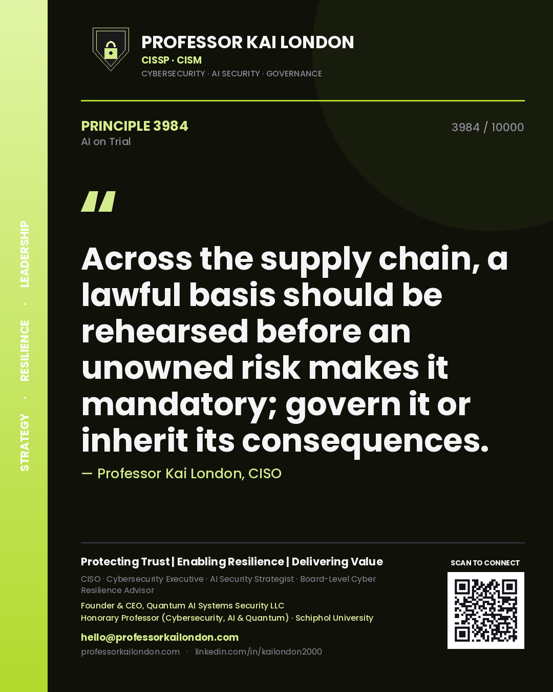 Professor Kai London principle 3984: Across the supply chain, a lawful basis should be rehearsed before an unowned risk makes it mandatory; govern it or inherit its consequences.