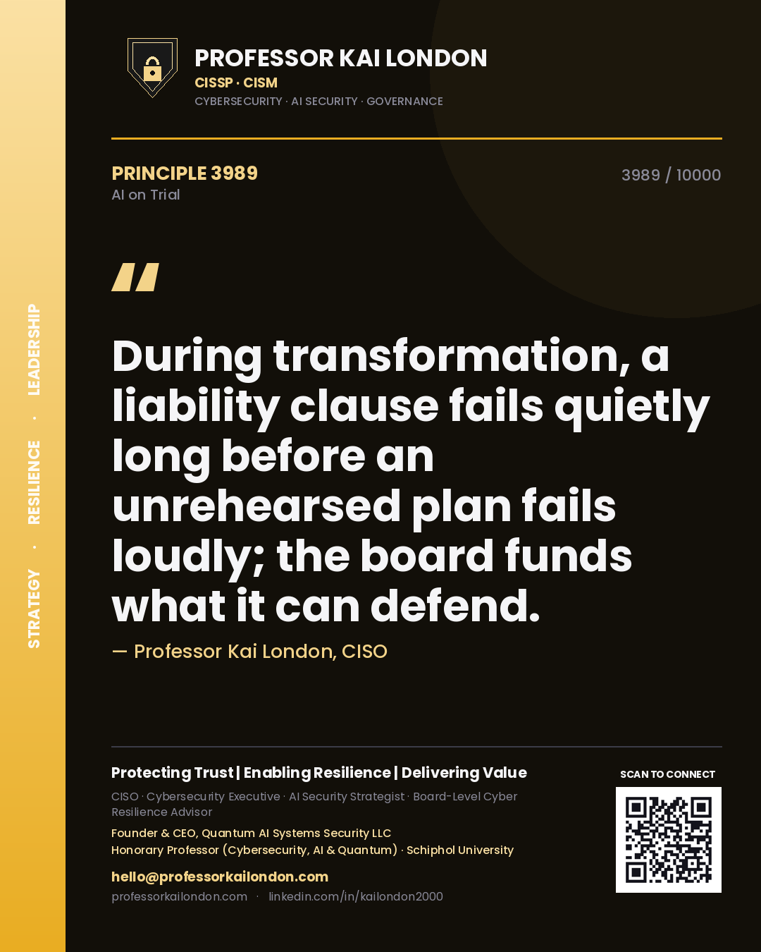 Quote card by Professor Kai London reading 'During transformation, a liability clause fails quietly long before an unrehearsed plan fails loudly; the board funds what it can defend.'. From the book AI on Trial.