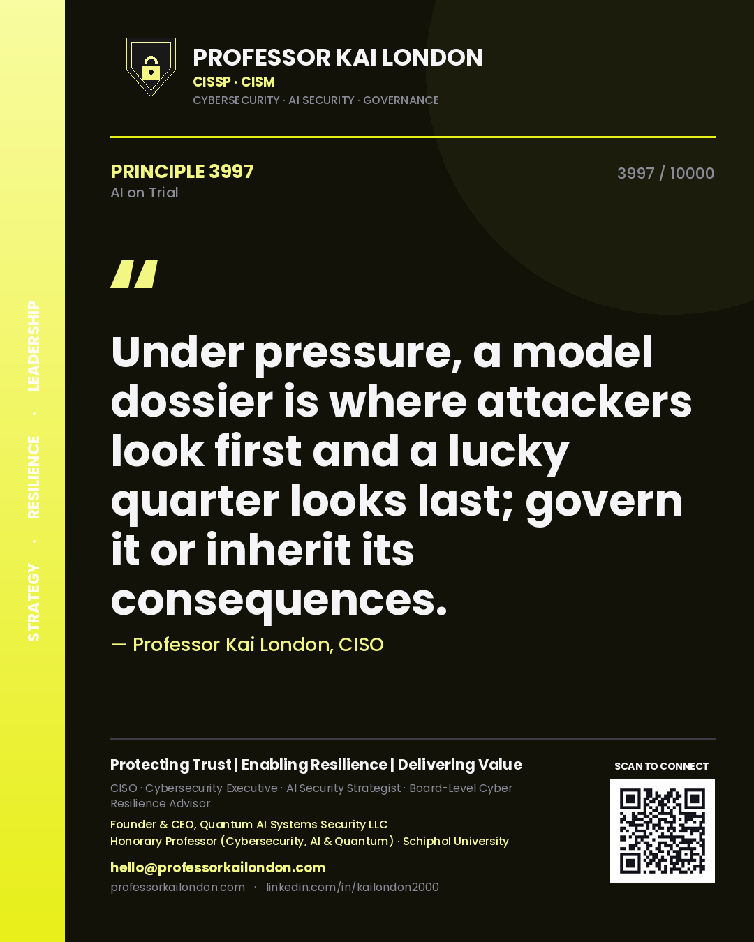 Quote card by Professor Kai London reading 'Under pressure, a model dossier is where attackers look first and a lucky quarter looks last; govern it or inherit its consequences.'. From the book AI on Trial.