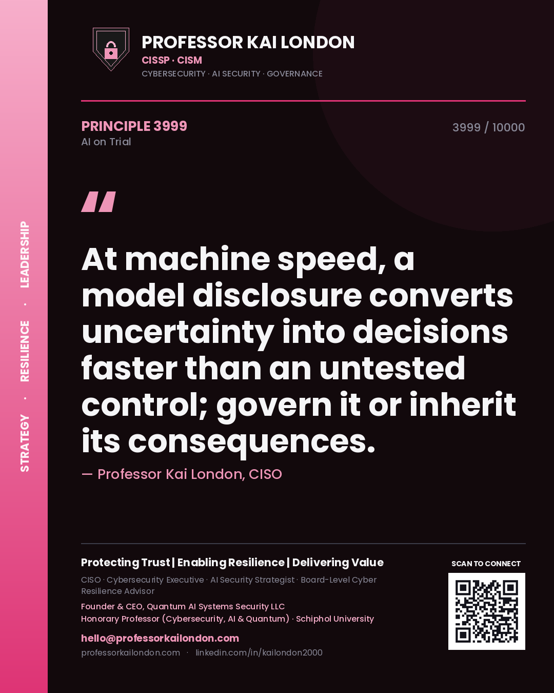 Professor Kai London principle 3999: At machine speed, a model disclosure converts uncertainty into decisions faster than an untested control; govern it or inherit its consequences.