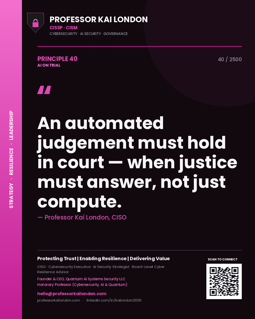 Professor Kai London principle 40: An automated judgement must hold in court — when justice must answer, not just compute.