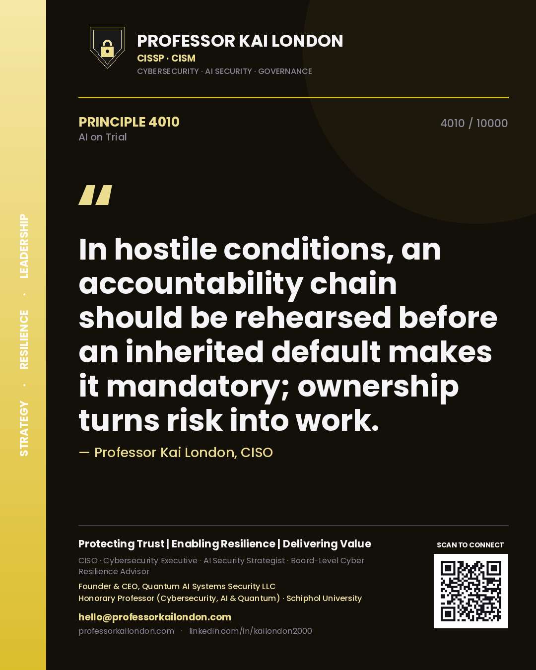 Professor Kai London principle 4010: In hostile conditions, an accountability chain should be rehearsed before an inherited default makes it mandatory; ownership turns risk into work.