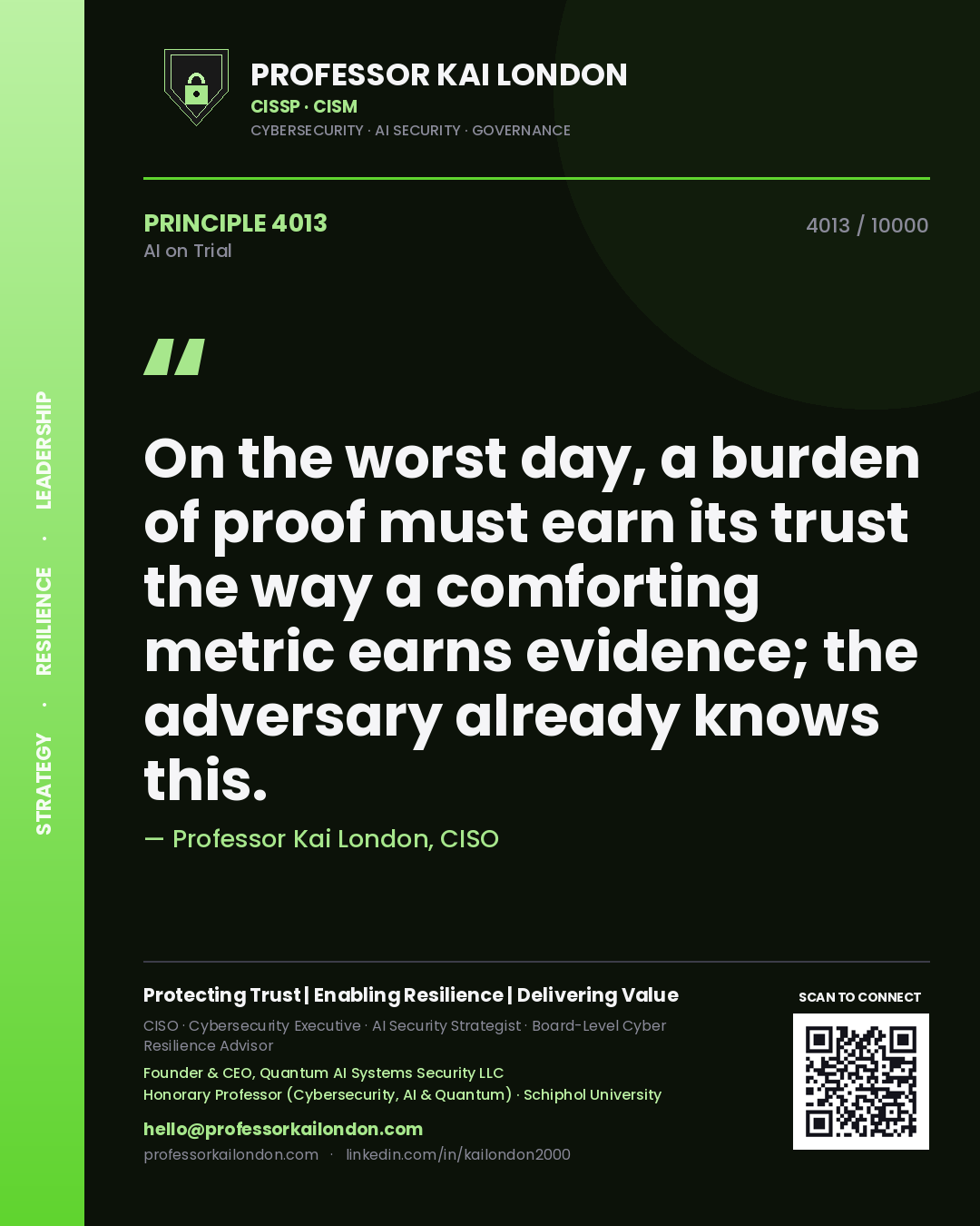 Quote card by Professor Kai London reading 'On the worst day, a burden of proof must earn its trust the way a comforting metric earns evidence; the adversary already knows this.'. From the book AI on Trial.