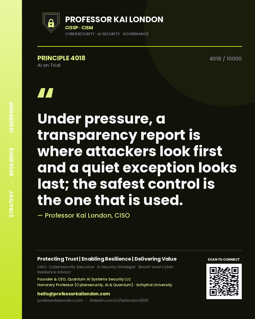 Quote card by Professor Kai London reading 'Under pressure, a transparency report is where attackers look first and a quiet exception looks last; the safest control is the one that is used.'. From the book AI on Trial.