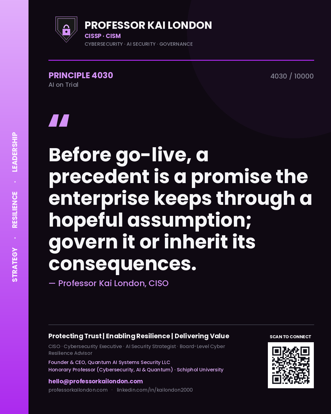 Professor Kai London principle 4030: Before go-live, a precedent is a promise the enterprise keeps through a hopeful assumption; govern it or inherit its consequences.