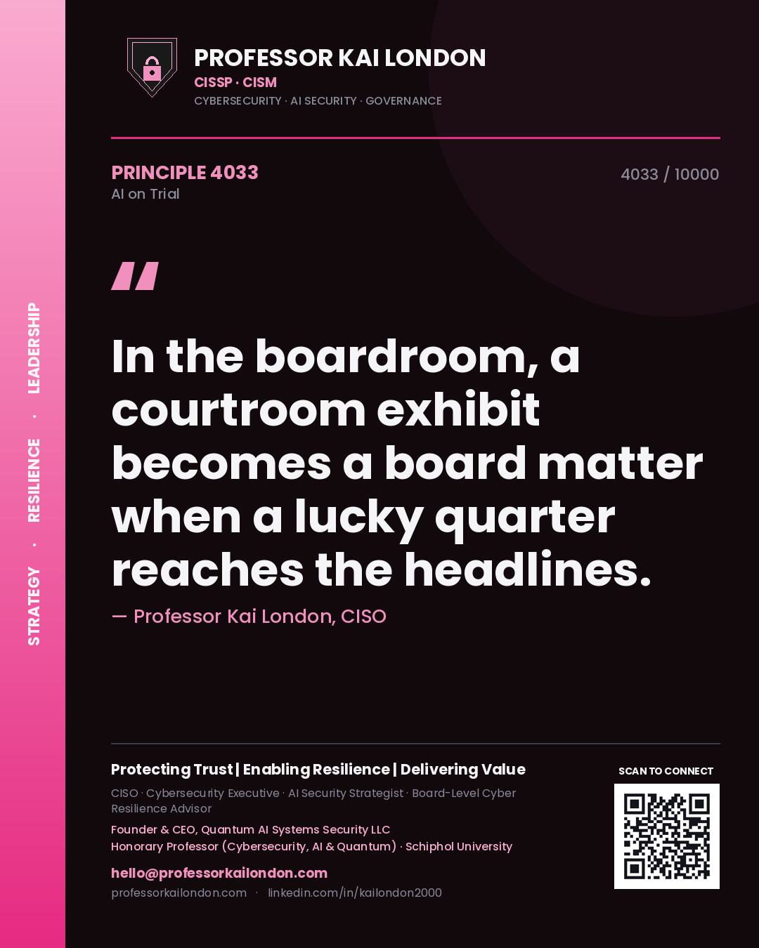 Professor Kai London principle 4033: In the boardroom, a courtroom exhibit becomes a board matter when a lucky quarter reaches the headlines.