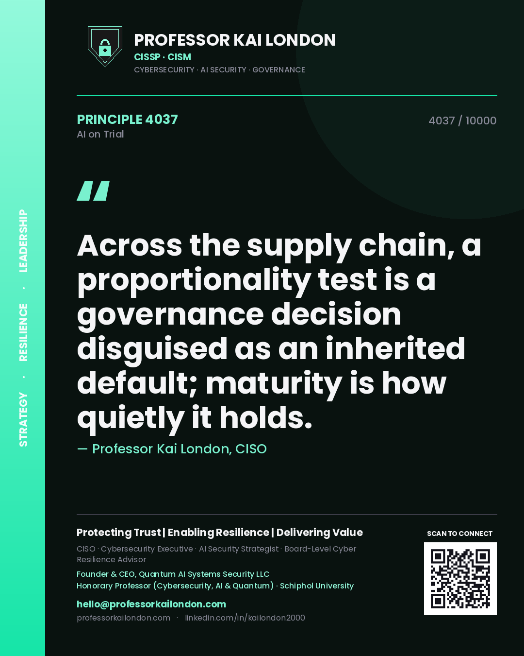 Quote card by Professor Kai London reading 'Across the supply chain, a proportionality test is a governance decision disguised as an inherited default; maturity is how quietly it holds.'. From the book AI on Trial.