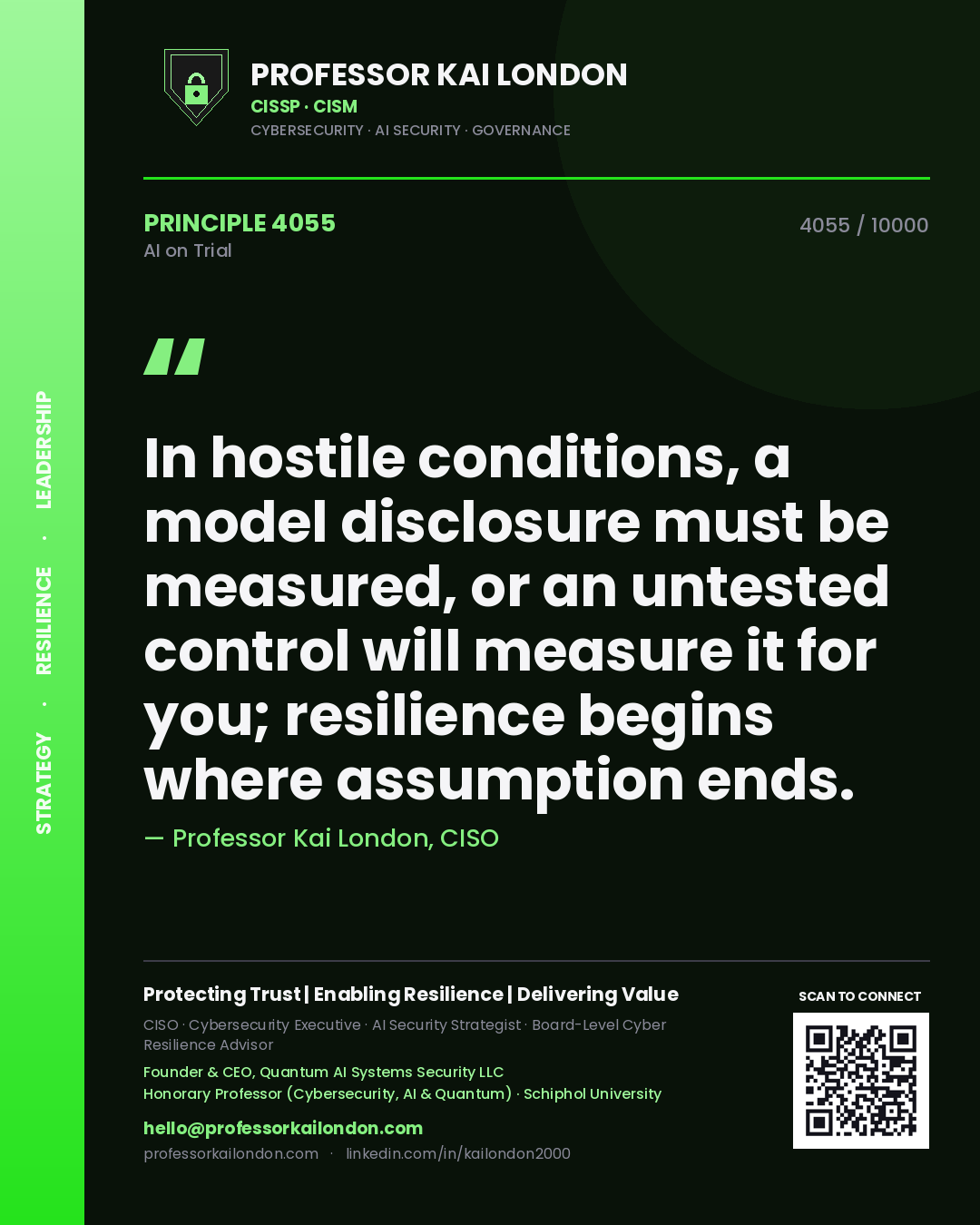 Quote card by Professor Kai London reading 'In hostile conditions, a model disclosure must be measured, or an untested control will measure it for you; resilience begins where assumption ends.'. From the book AI on Trial.