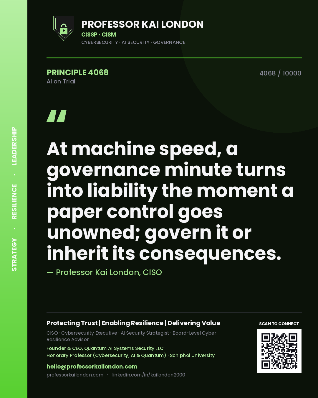 Quote card by Professor Kai London reading 'At machine speed, a governance minute turns into liability the moment a paper control goes unowned; govern it or inherit its consequences.'. From the book AI on Trial.