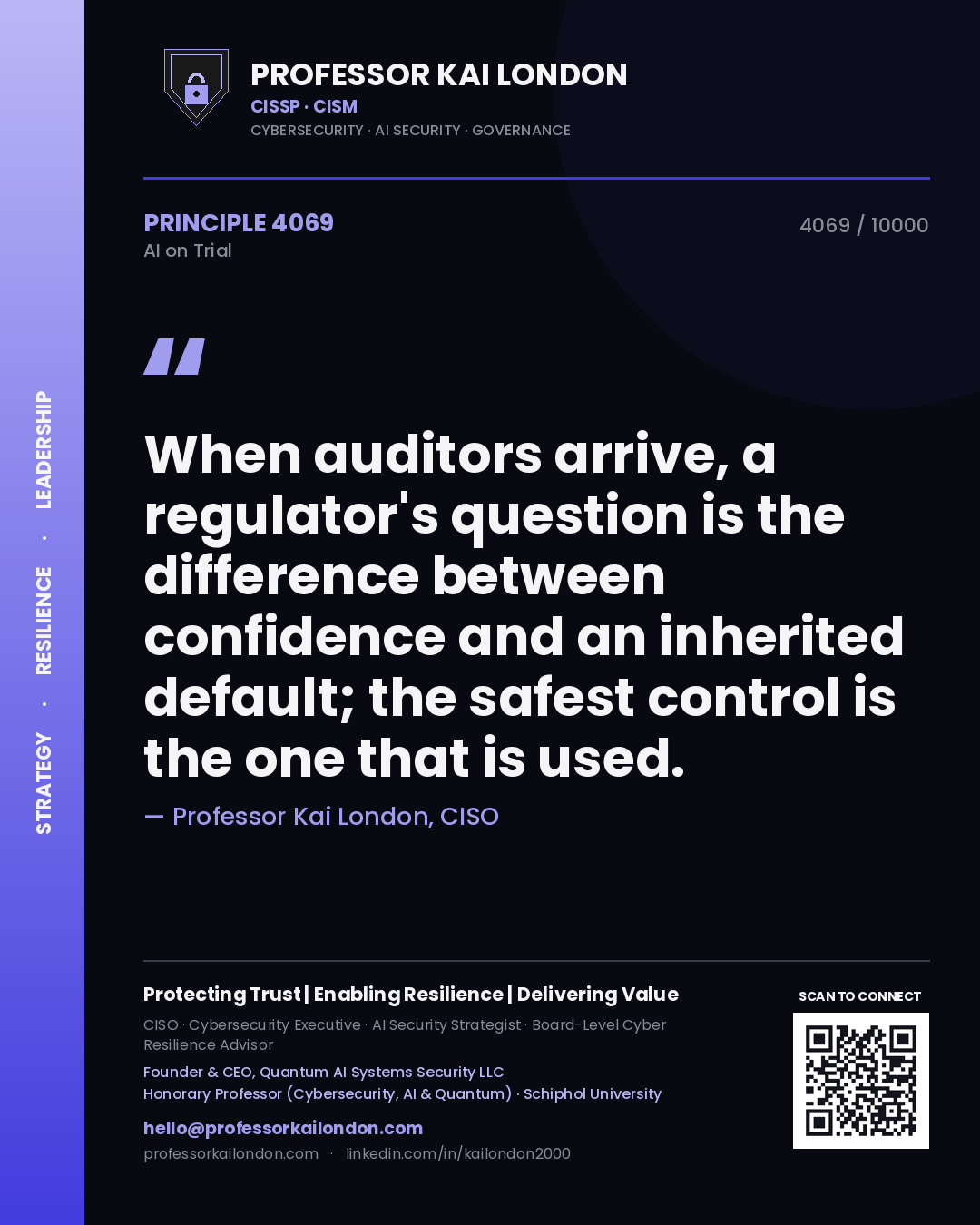 Quote card by Professor Kai London reading 'When auditors arrive, a regulator's question is the difference between confidence and an inherited default; the safest control is the one that is used.'. From the book AI on Trial.