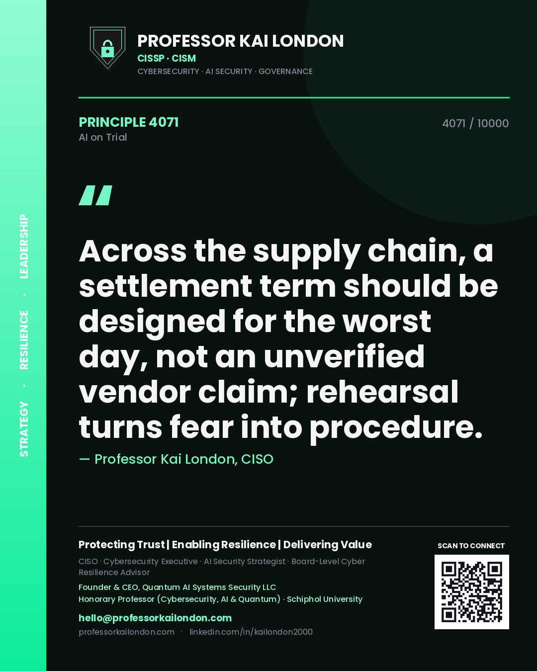Quote card by Professor Kai London reading 'Across the supply chain, a settlement term should be designed for the worst day, not an unverified vendor claim; rehearsal turns fear into procedure.'. From the book AI on Trial.