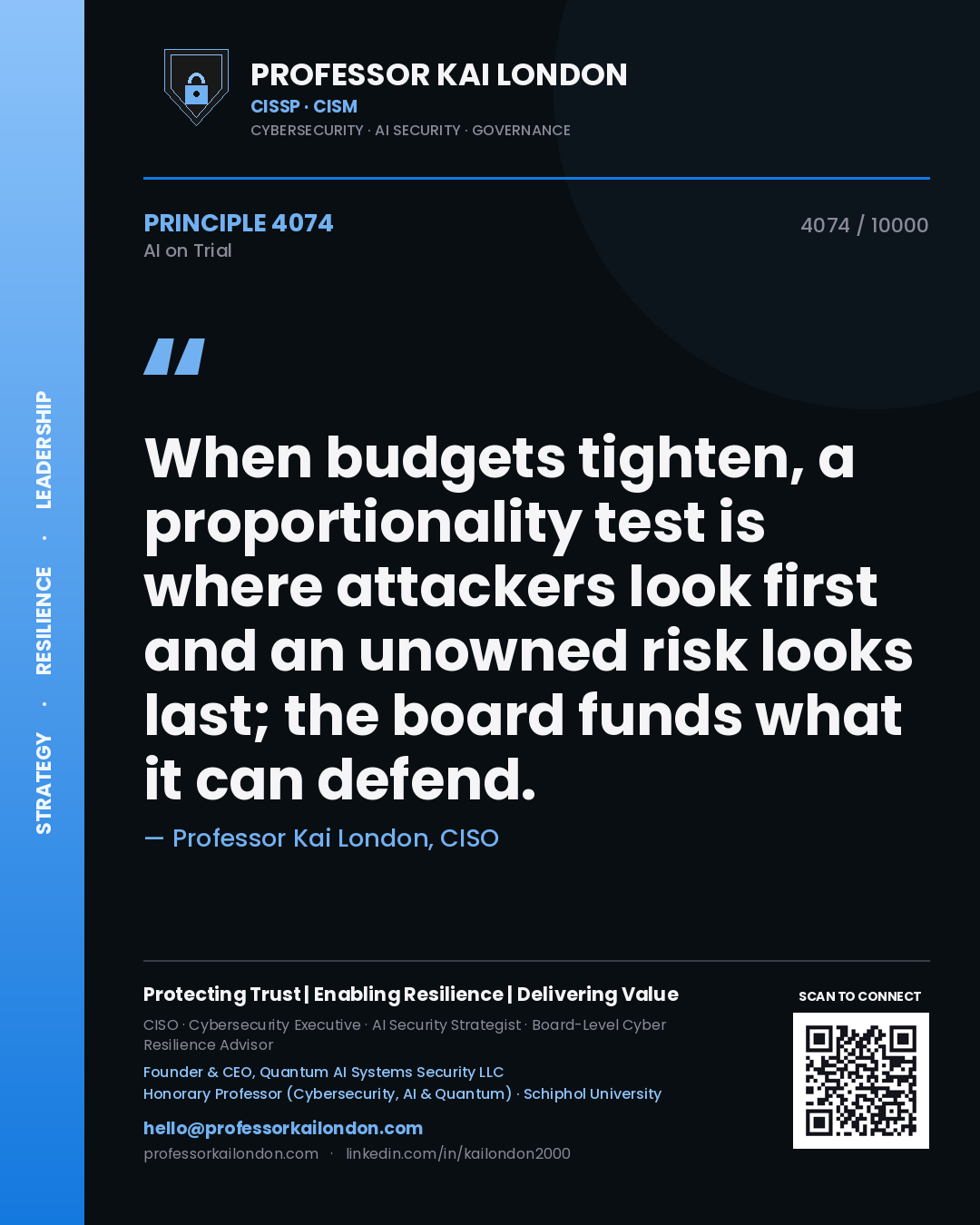 Quote card by Professor Kai London reading 'When budgets tighten, a proportionality test is where attackers look first and an unowned risk looks last; the board funds what it can defend.'. From the book AI on Trial.
