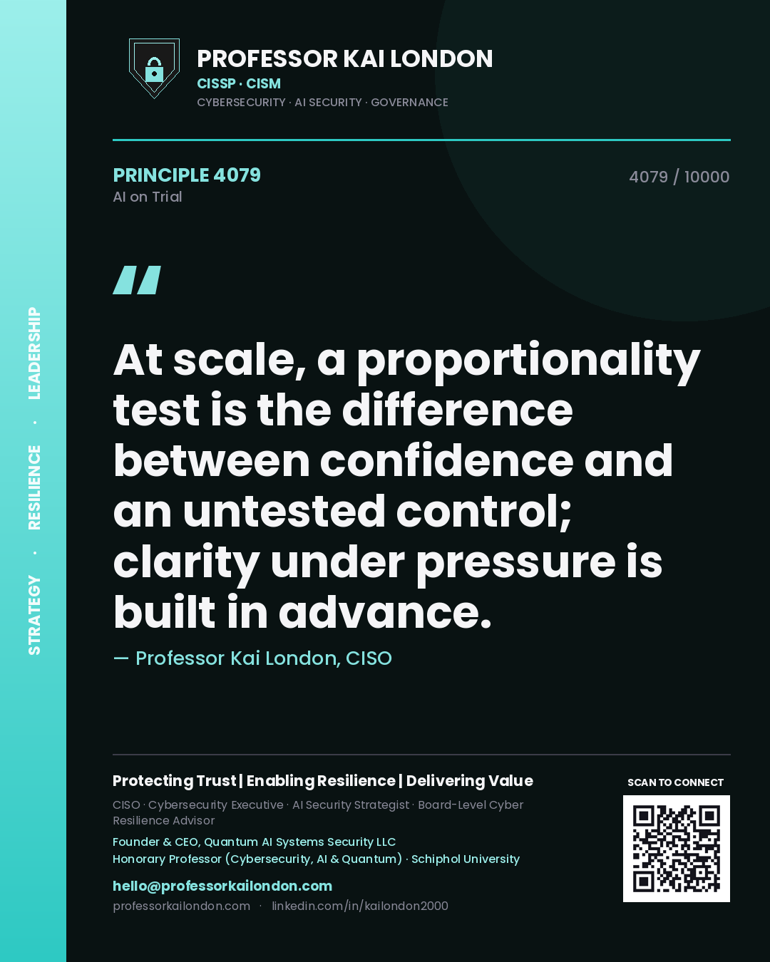 Quote card by Professor Kai London reading 'At scale, a proportionality test is the difference between confidence and an untested control; clarity under pressure is built in advance.'. From the book AI on Trial.