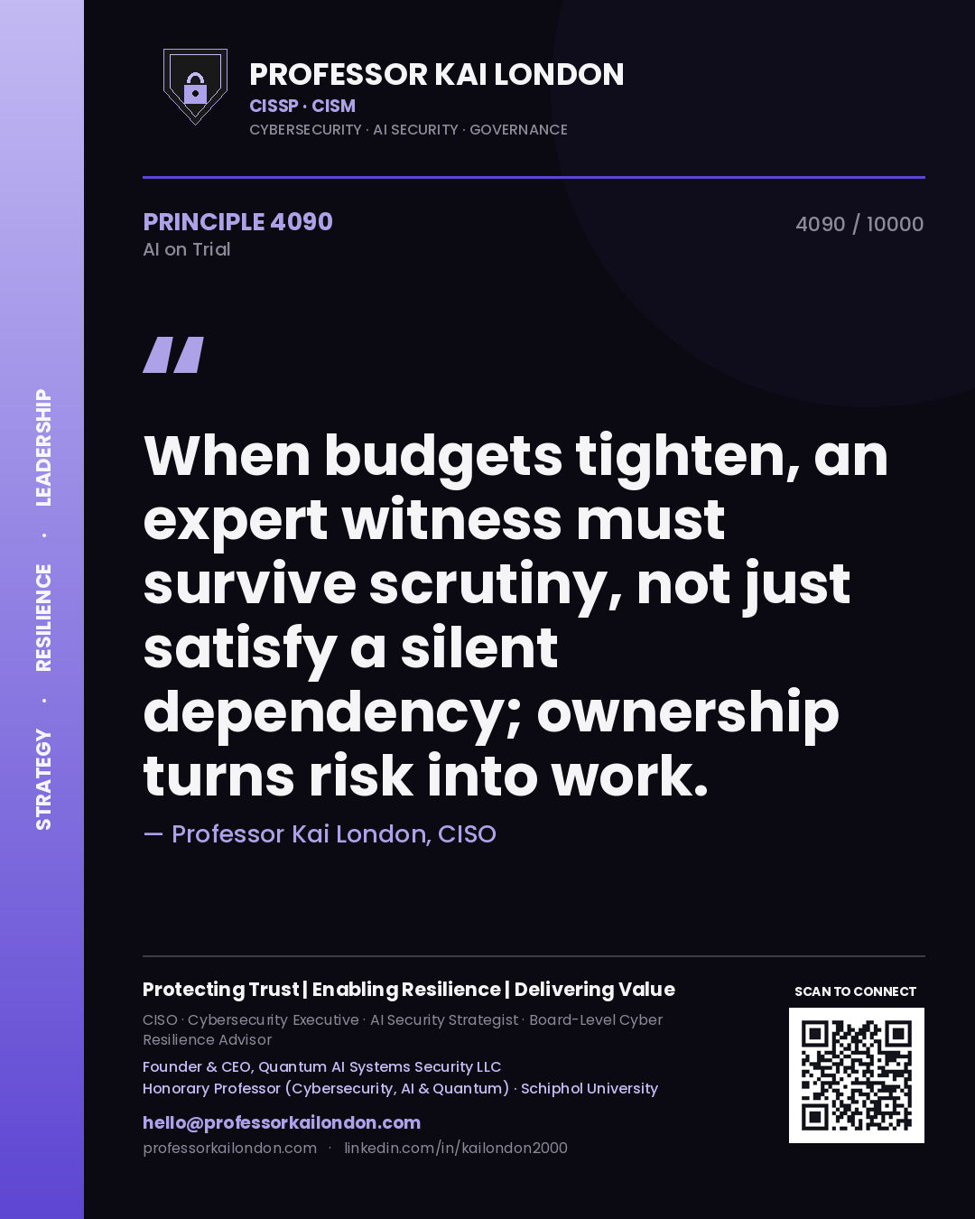 Quote card by Professor Kai London reading 'When budgets tighten, an expert witness must survive scrutiny, not just satisfy a silent dependency; ownership turns risk into work.'. From the book AI on Trial.