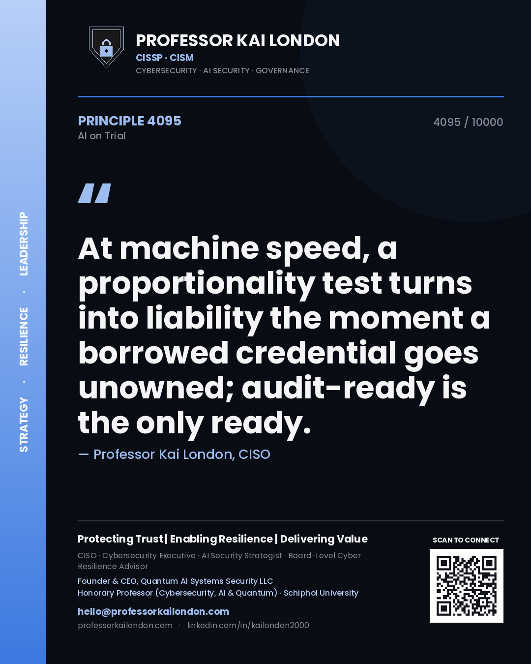 Quote card by Professor Kai London reading 'At machine speed, a proportionality test turns into liability the moment a borrowed credential goes unowned; audit-ready is the only ready.'. From the book AI on Trial.