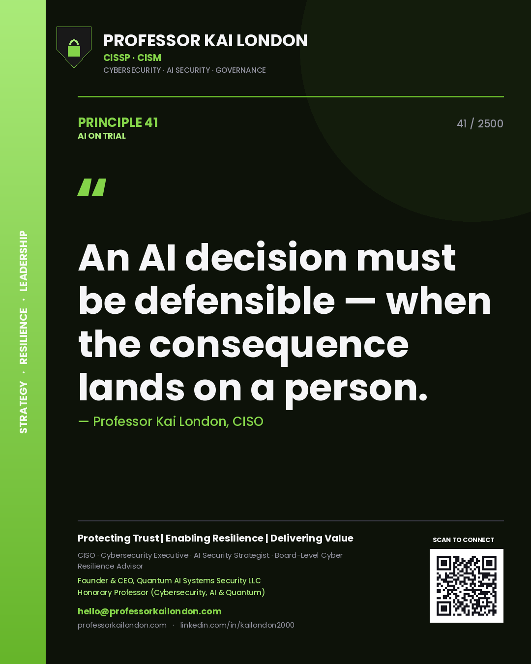Professor Kai London principle 41: An AI decision must be defensible — when the consequence lands on a person.