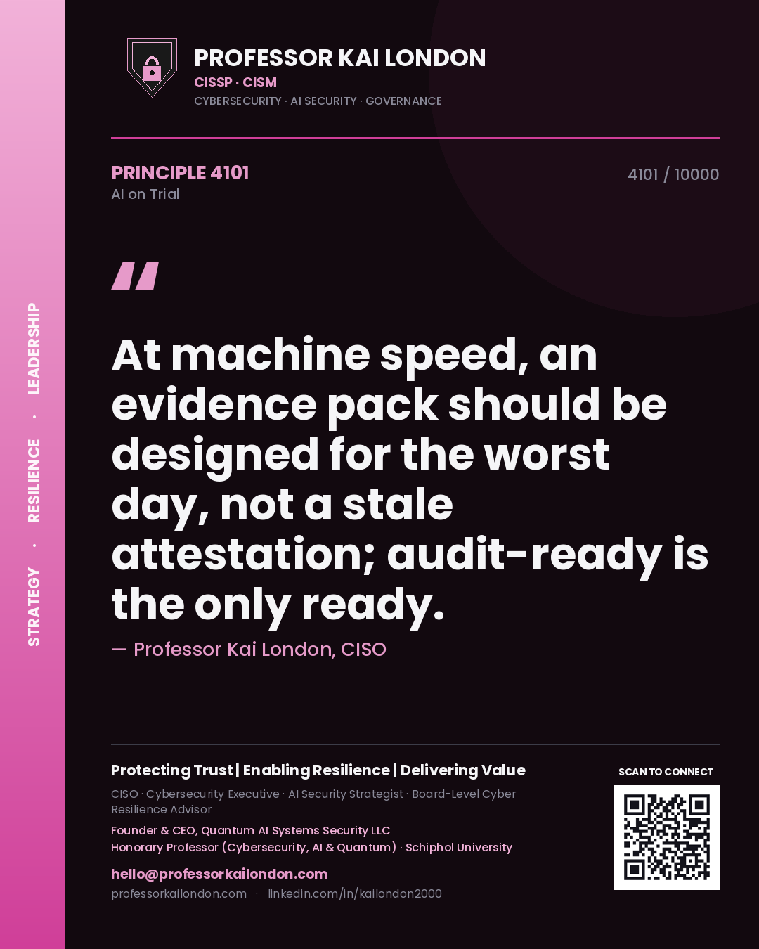 Professor Kai London principle 4101: At machine speed, an evidence pack should be designed for the worst day, not a stale attestation; audit-ready is the only ready.