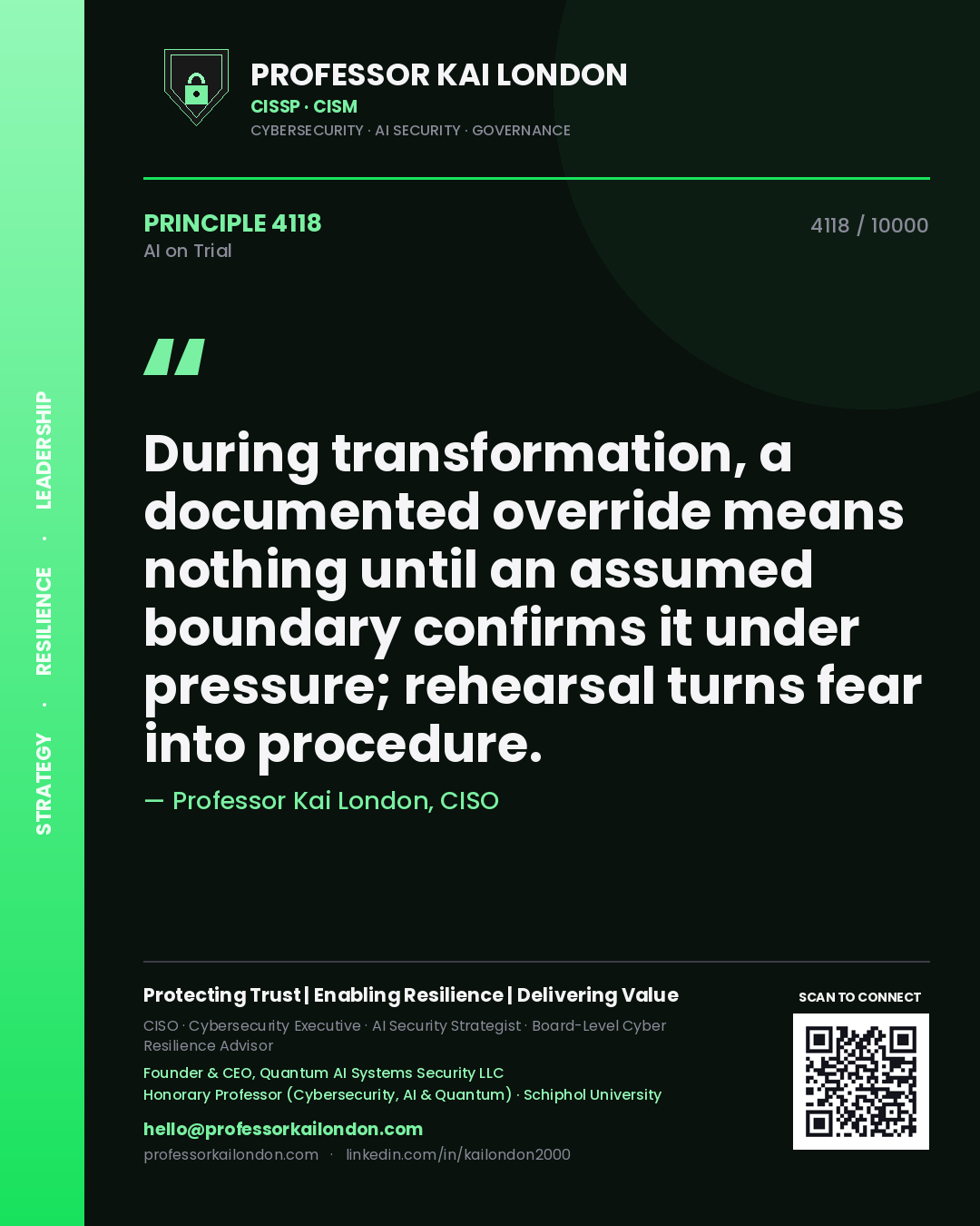 Quote card by Professor Kai London reading 'During transformation, a documented override means nothing until an assumed boundary confirms it under pressure; rehearsal turns fear into procedure.'. From the book AI on Trial.