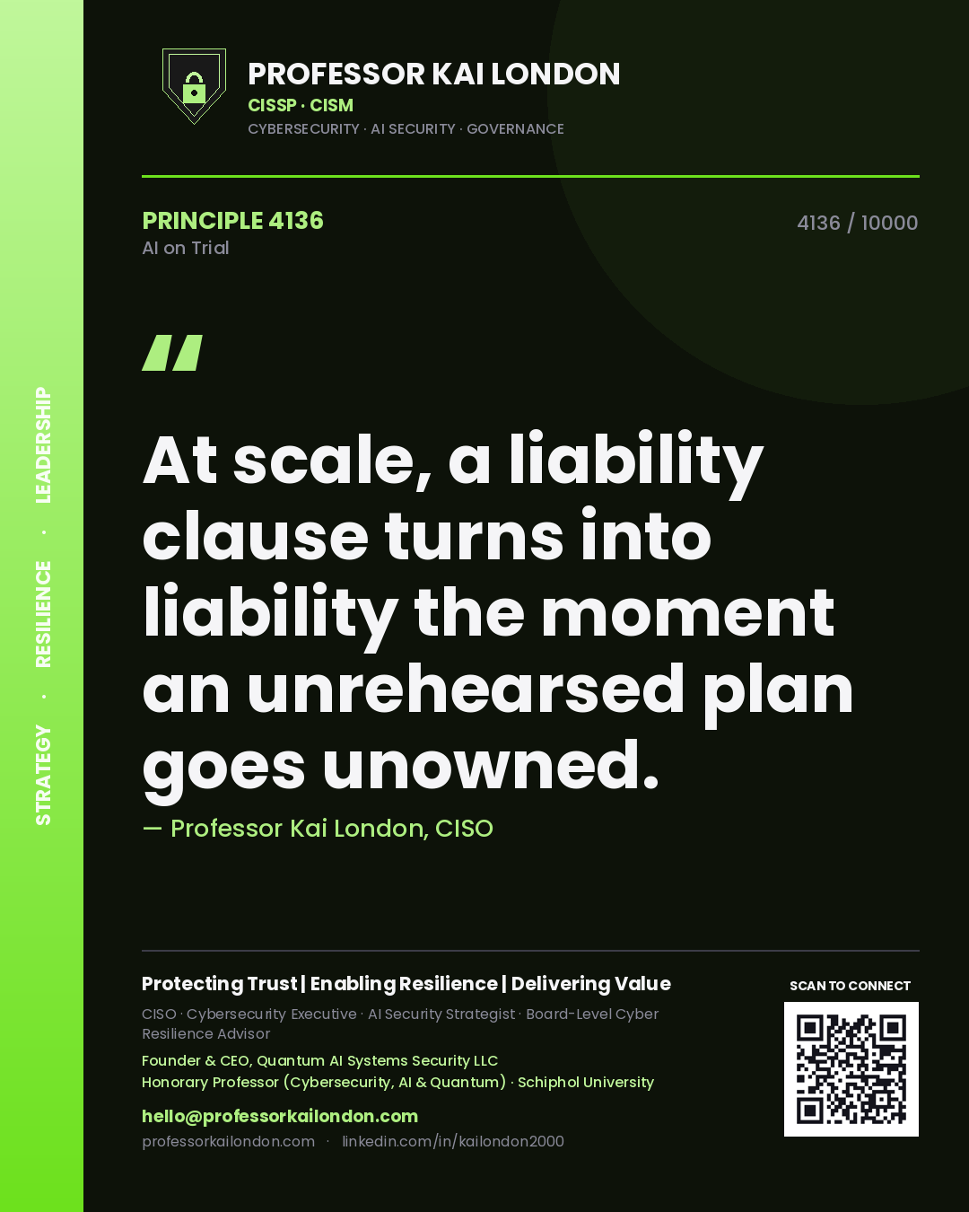 Professor Kai London principle 4136: At scale, a liability clause turns into liability the moment an unrehearsed plan goes unowned.
