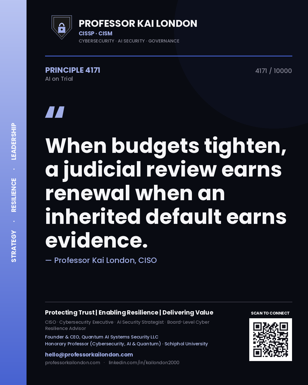 Professor Kai London principle 4171: When budgets tighten, a judicial review earns renewal when an inherited default earns evidence.