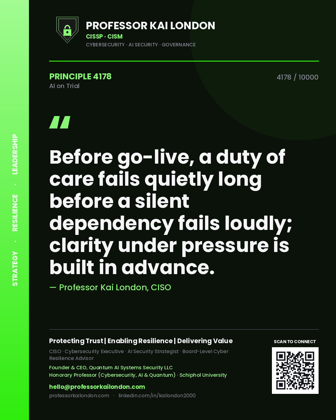 Quote card by Professor Kai London reading 'Before go-live, a duty of care fails quietly long before a silent dependency fails loudly; clarity under pressure is built in advance.'. From the book AI on Trial.
