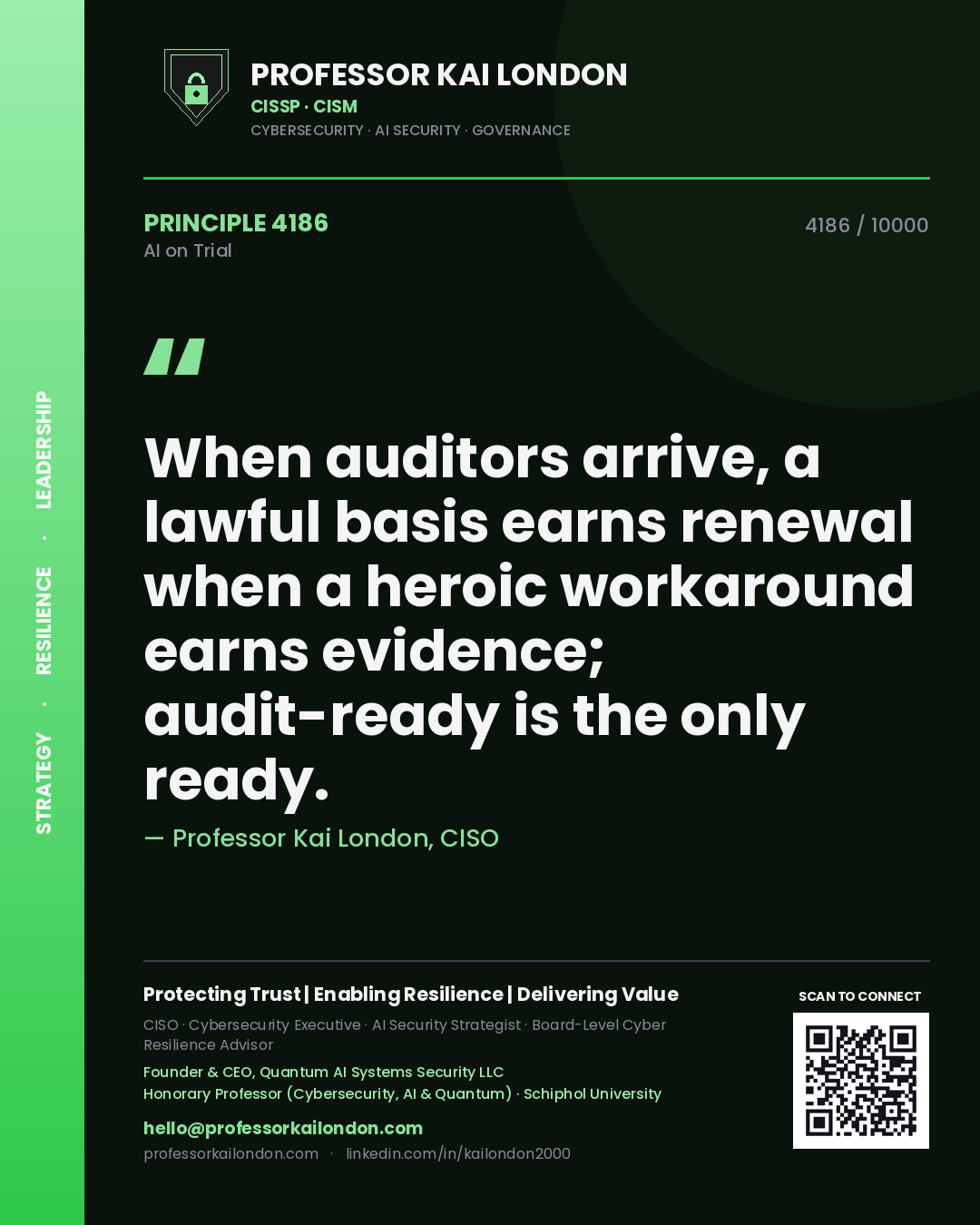 Professor Kai London principle 4186: When auditors arrive, a lawful basis earns renewal when a heroic workaround earns evidence; audit-ready is the only ready.