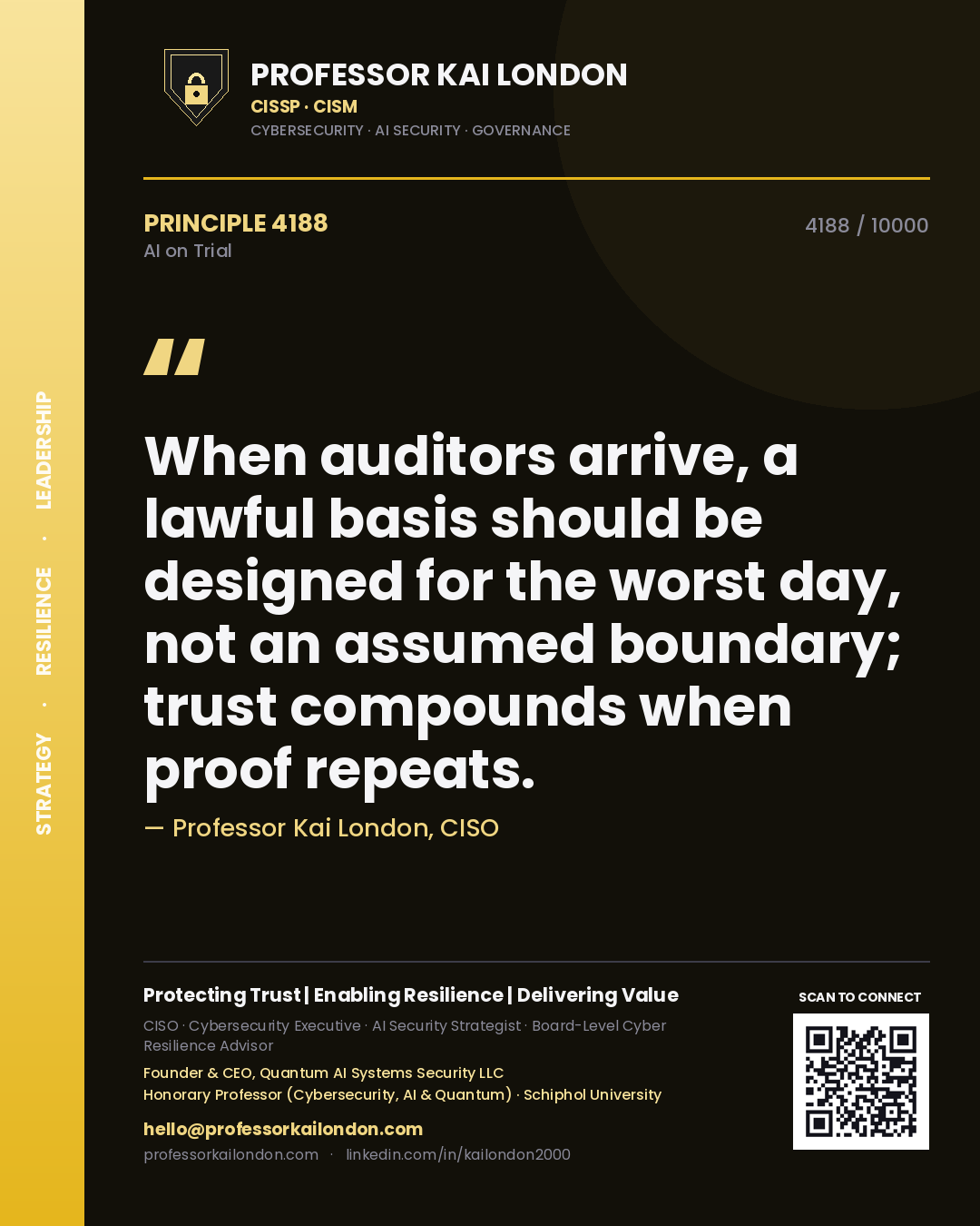 Quote card by Professor Kai London reading 'When auditors arrive, a lawful basis should be designed for the worst day, not an assumed boundary; trust compounds when proof repeats.'. From the book AI on Trial.