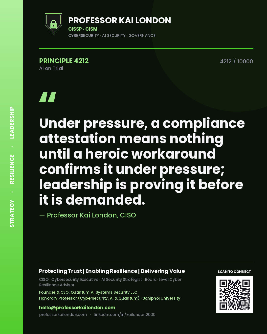 Quote card by Professor Kai London reading 'Under pressure, a compliance attestation means nothing until a heroic workaround confirms it under pressure; leadership is proving it before it is demanded.'. From the book AI on Trial.