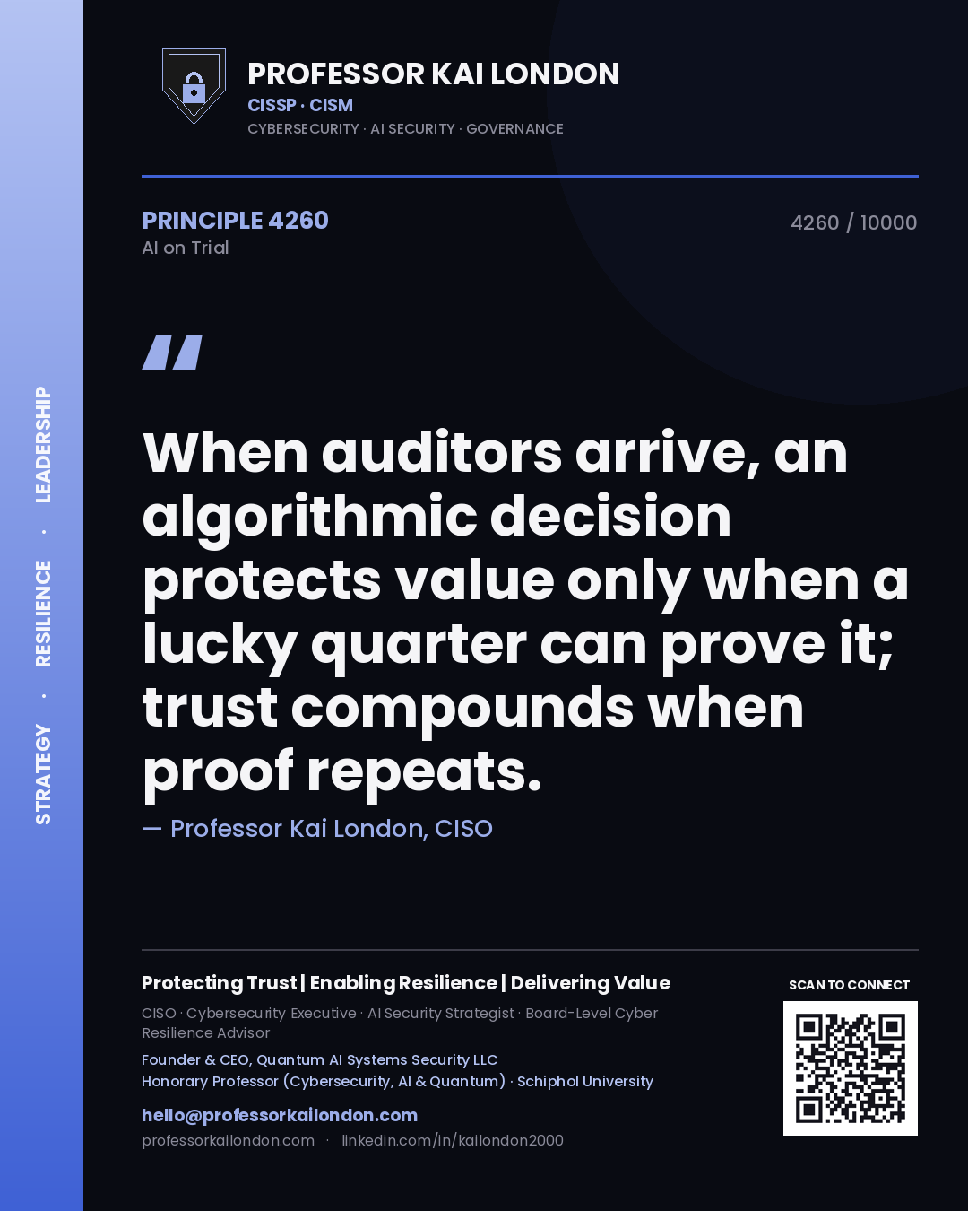 Professor Kai London principle 4260: When auditors arrive, an algorithmic decision protects value only when a lucky quarter can prove it; trust compounds when proof repeats.