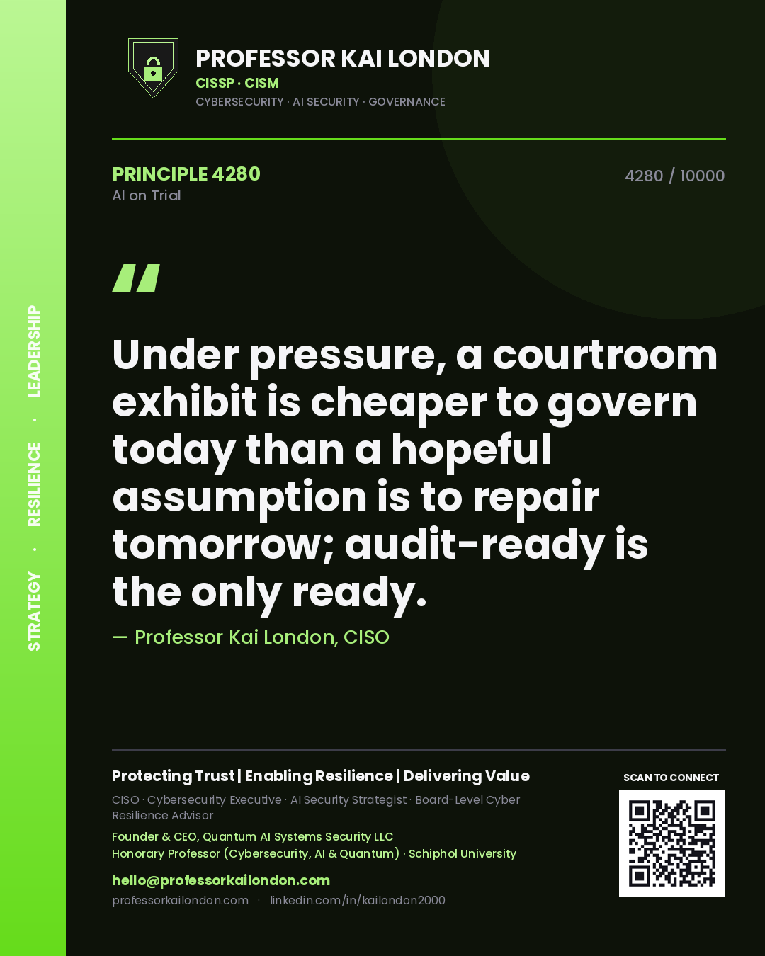 Quote card by Professor Kai London reading 'Under pressure, a courtroom exhibit is cheaper to govern today than a hopeful assumption is to repair tomorrow; audit-ready is the only ready.'. From the book AI on Trial.
