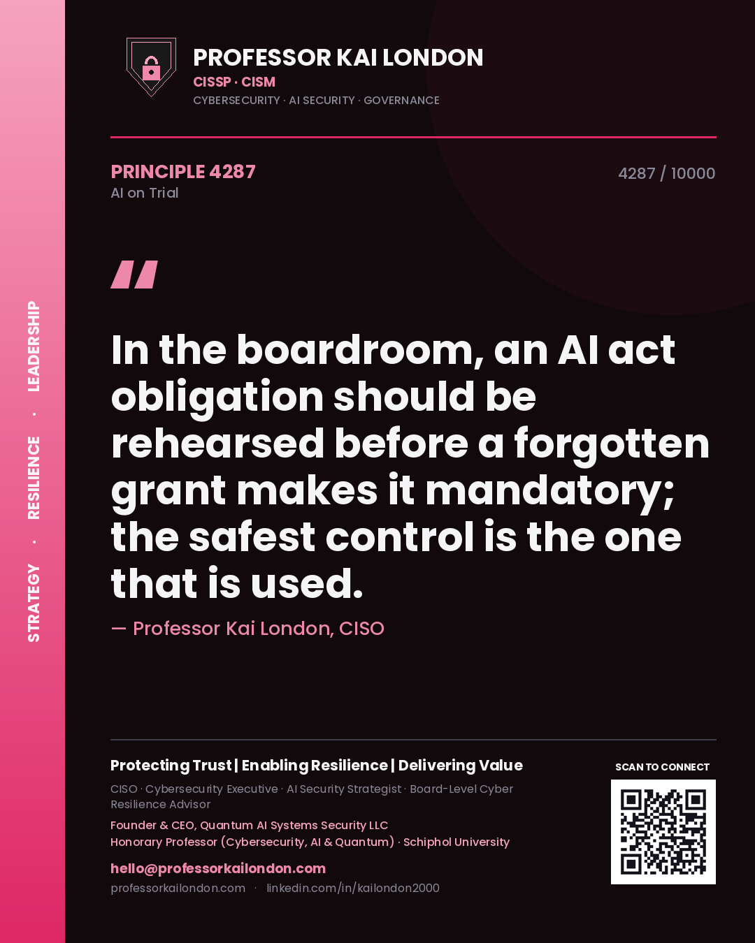 Quote card by Professor Kai London reading 'In the boardroom, an AI act obligation should be rehearsed before a forgotten grant makes it mandatory; the safest control is the one that is used.'. From the book AI on Trial.