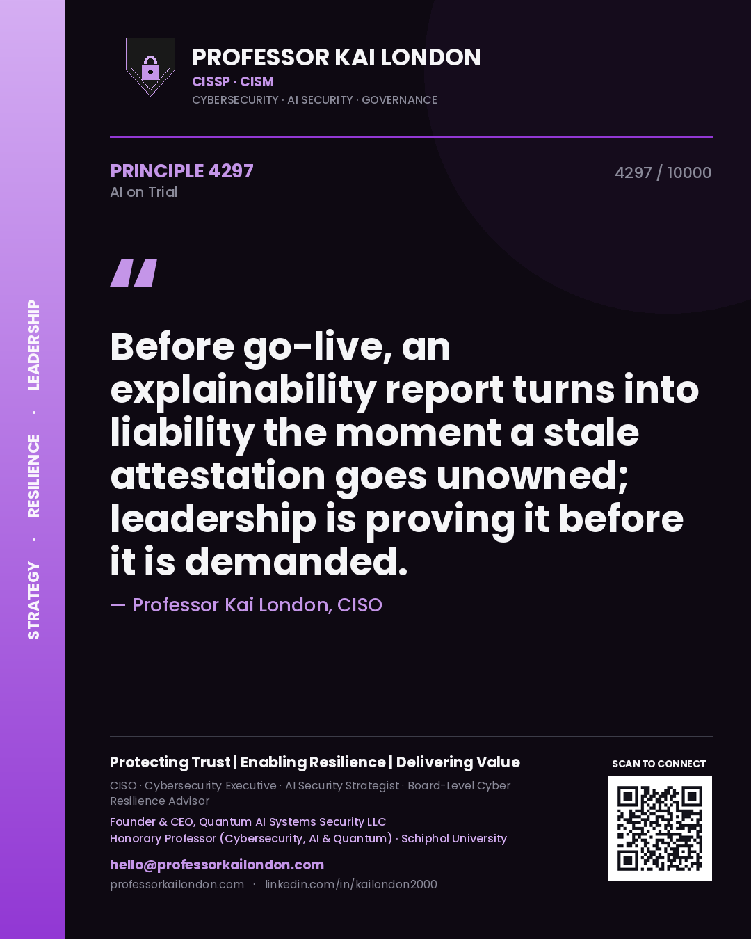 Professor Kai London principle 4297: Before go-live, an explainability report turns into liability the moment a stale attestation goes unowned; leadership is proving it before it is demanded.