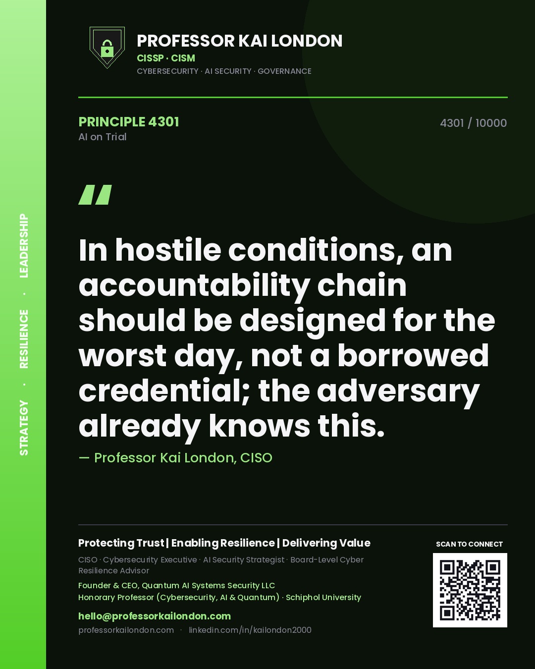 Professor Kai London principle 4301: In hostile conditions, an accountability chain should be designed for the worst day, not a borrowed credential; the adversary already knows this.