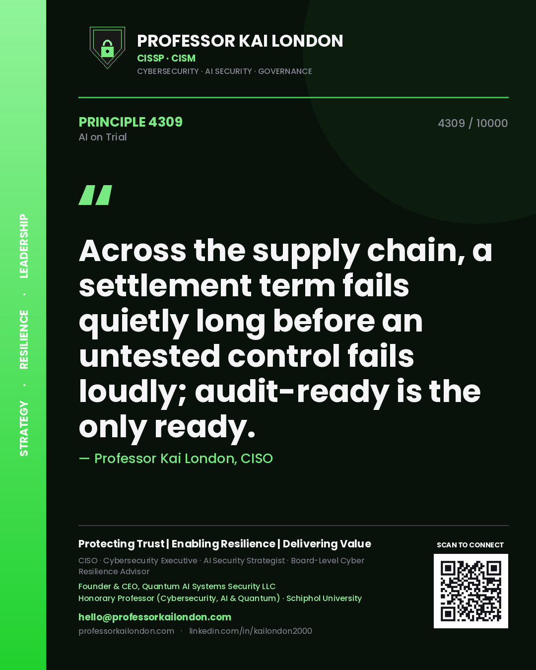Quote card by Professor Kai London reading 'Across the supply chain, a settlement term fails quietly long before an untested control fails loudly; audit-ready is the only ready.'. From the book AI on Trial.