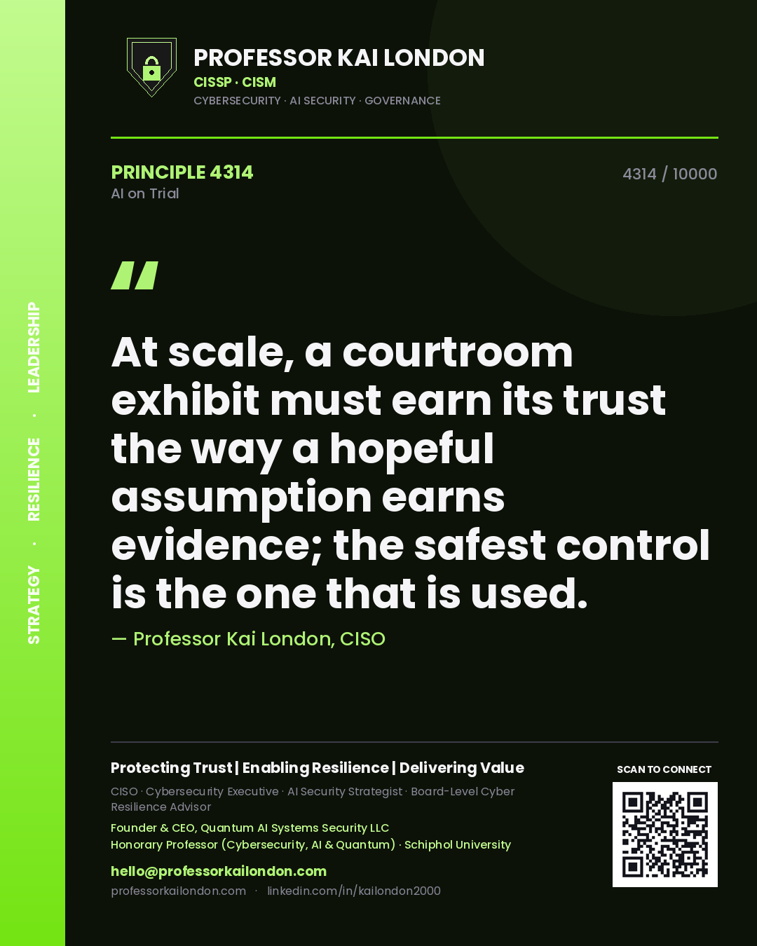 Quote card by Professor Kai London reading 'At scale, a courtroom exhibit must earn its trust the way a hopeful assumption earns evidence; the safest control is the one that is used.'. From the book AI on Trial.