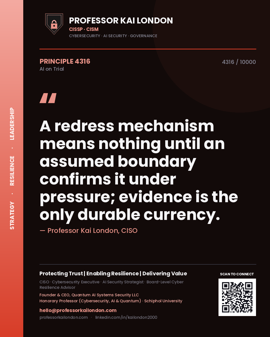 Professor Kai London principle 4316: A redress mechanism means nothing until an assumed boundary confirms it under pressure; evidence is the only durable currency.