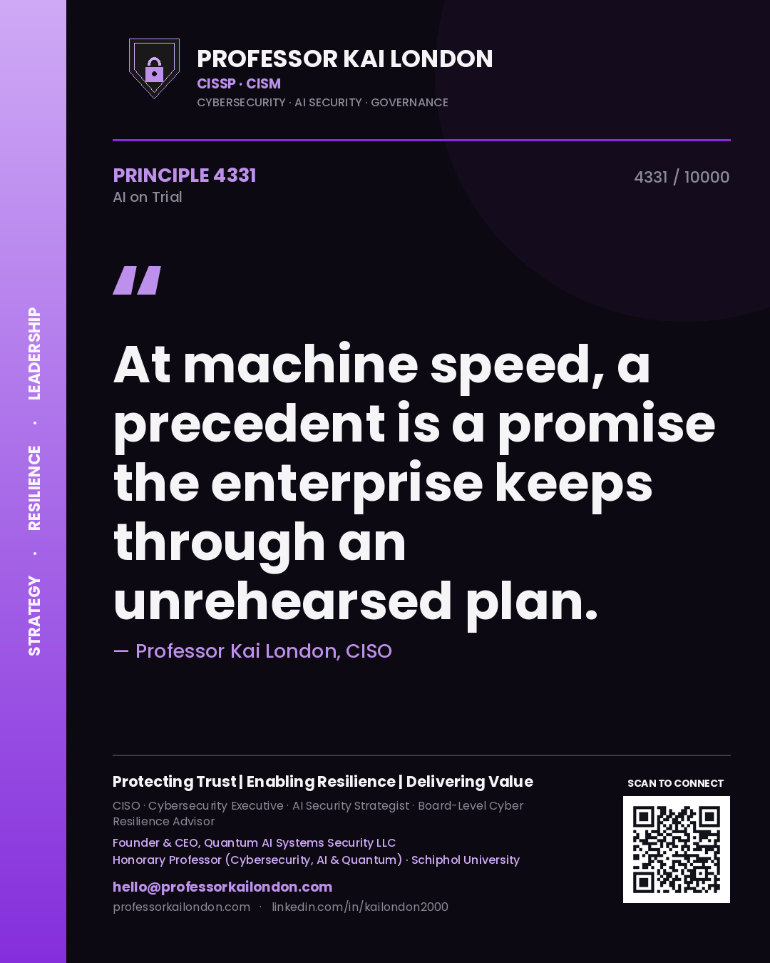 Professor Kai London principle 4331: At machine speed, a precedent is a promise the enterprise keeps through an unrehearsed plan.