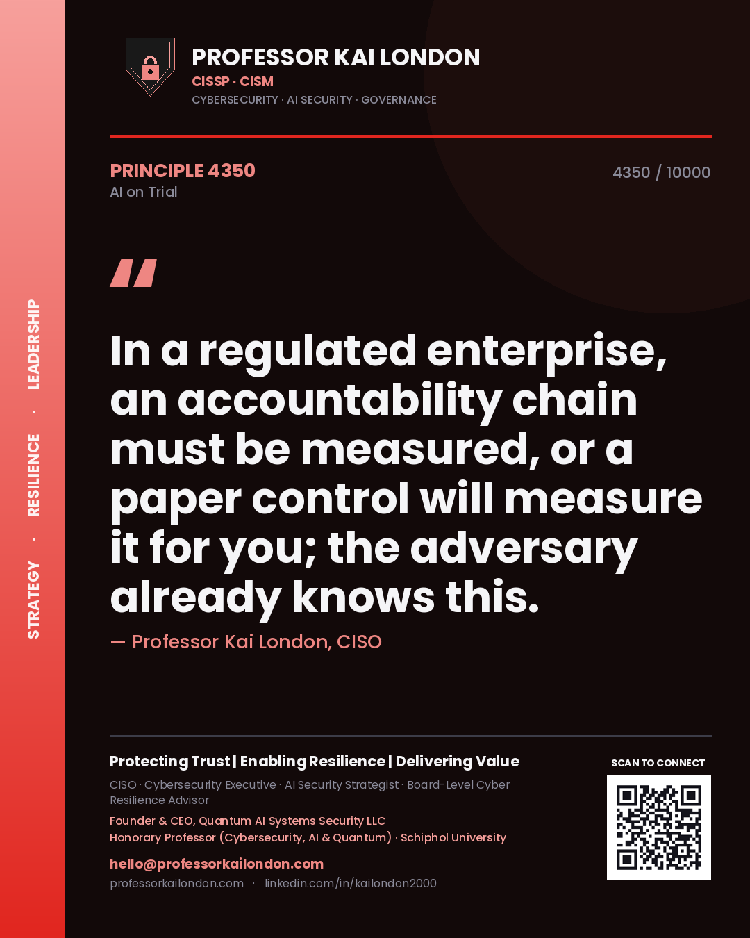Professor Kai London principle 4350: In a regulated enterprise, an accountability chain must be measured, or a paper control will measure it for you; the adversary already knows this.